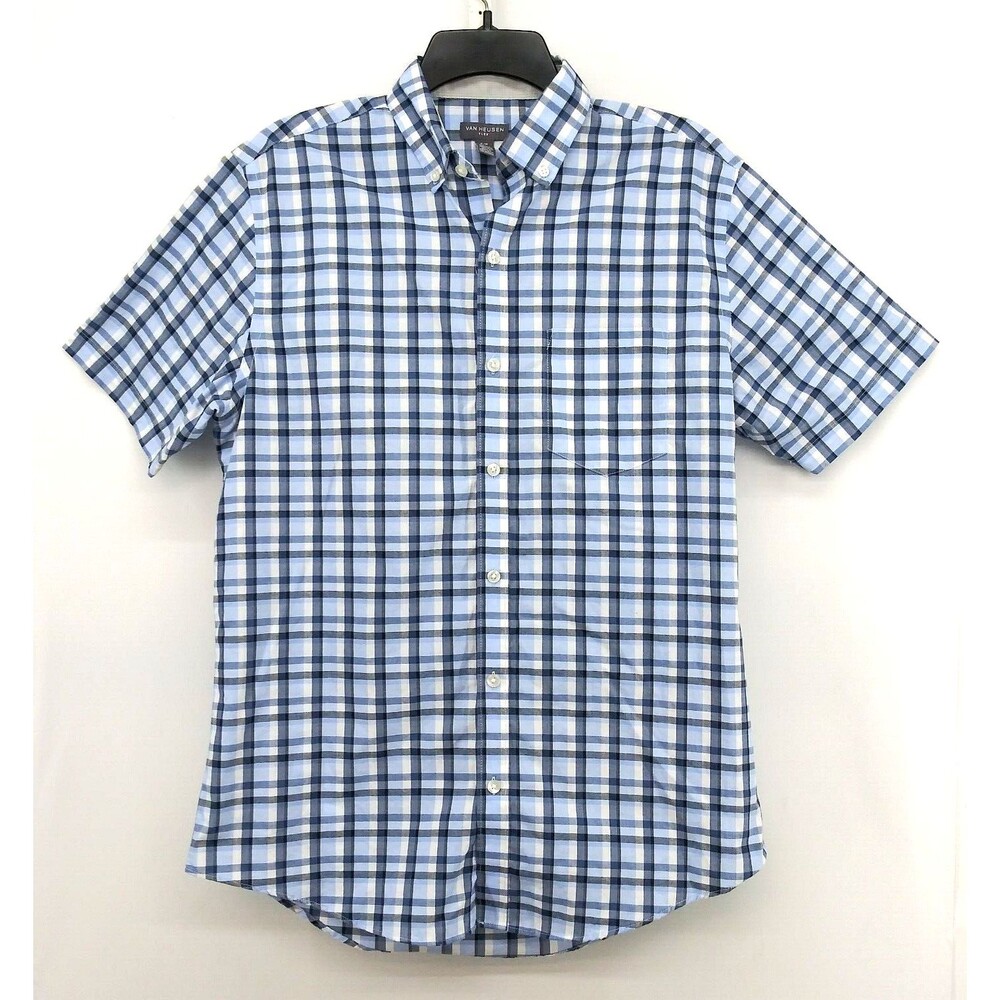 Van Heusen Dress Shirt Mens Size S Blue Plaid Short Sleeve Button Up